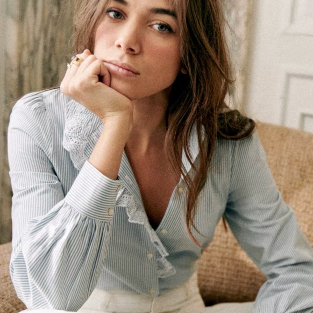 Sezane - Chlo Shirt Blue Striped Blouse with Lace Trim